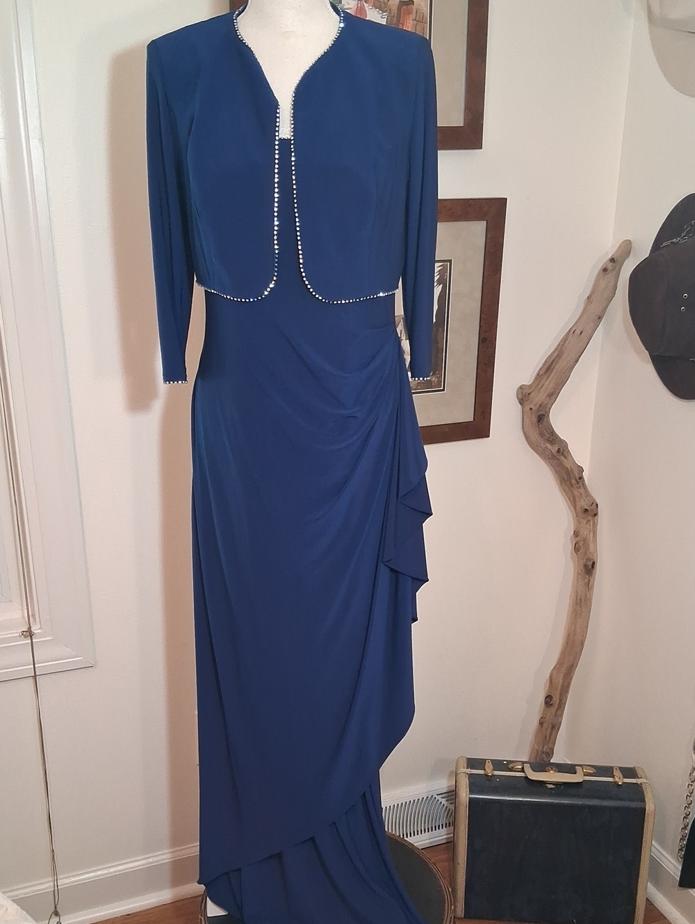Alex Evenings Navy Blue Draped Evening Gown with Beaded Bolero